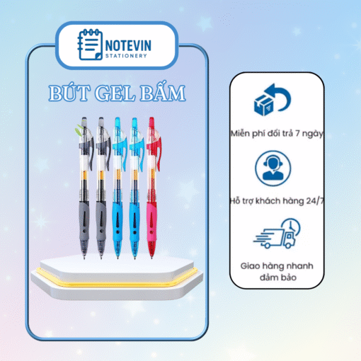 Bút Gel Bấm 0.5mm Mực Đen Xanh Đỏ Notevin - Bộ 5 Bút + 20 Ruột Thay, Viết Trơn, Cầm Êm, Văn Phòng Học Sinh