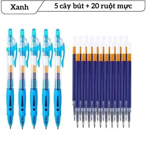 Bút Gel Bấm 0.5mm Mực Đen Xanh Đỏ Notevin - Bộ 5 Bút + 20 Ruột Thay, Viết Trơn, Cầm Êm, Văn Phòng Học Sinh